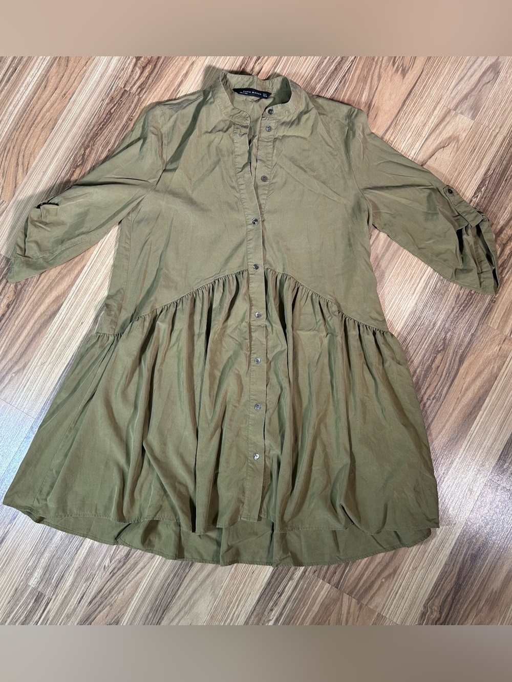 Zara Women’s Button Front Size Small Shirt Dress Mini Olive Green Long Sleeves